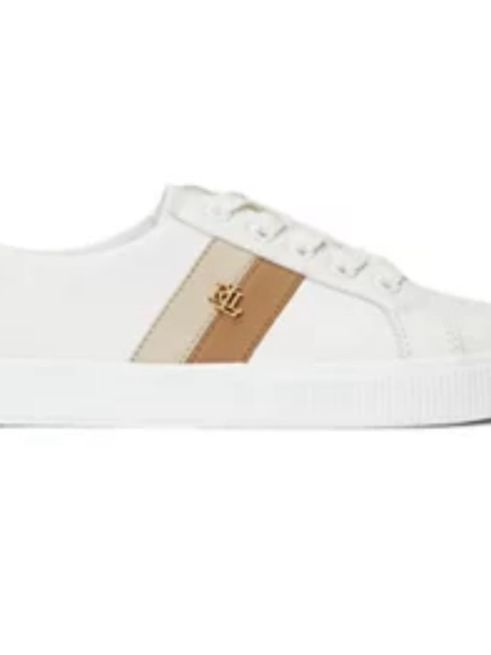 Lauren Ralph Lauren White Low-Top Sneaker with Tan and Cream Stripes Women’s 9.5